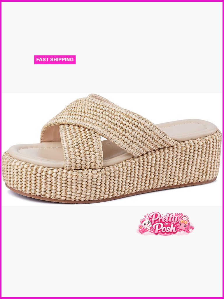 Woven Raffia Platform Wedge Sandals Slip On Espadrilles Beach Summer